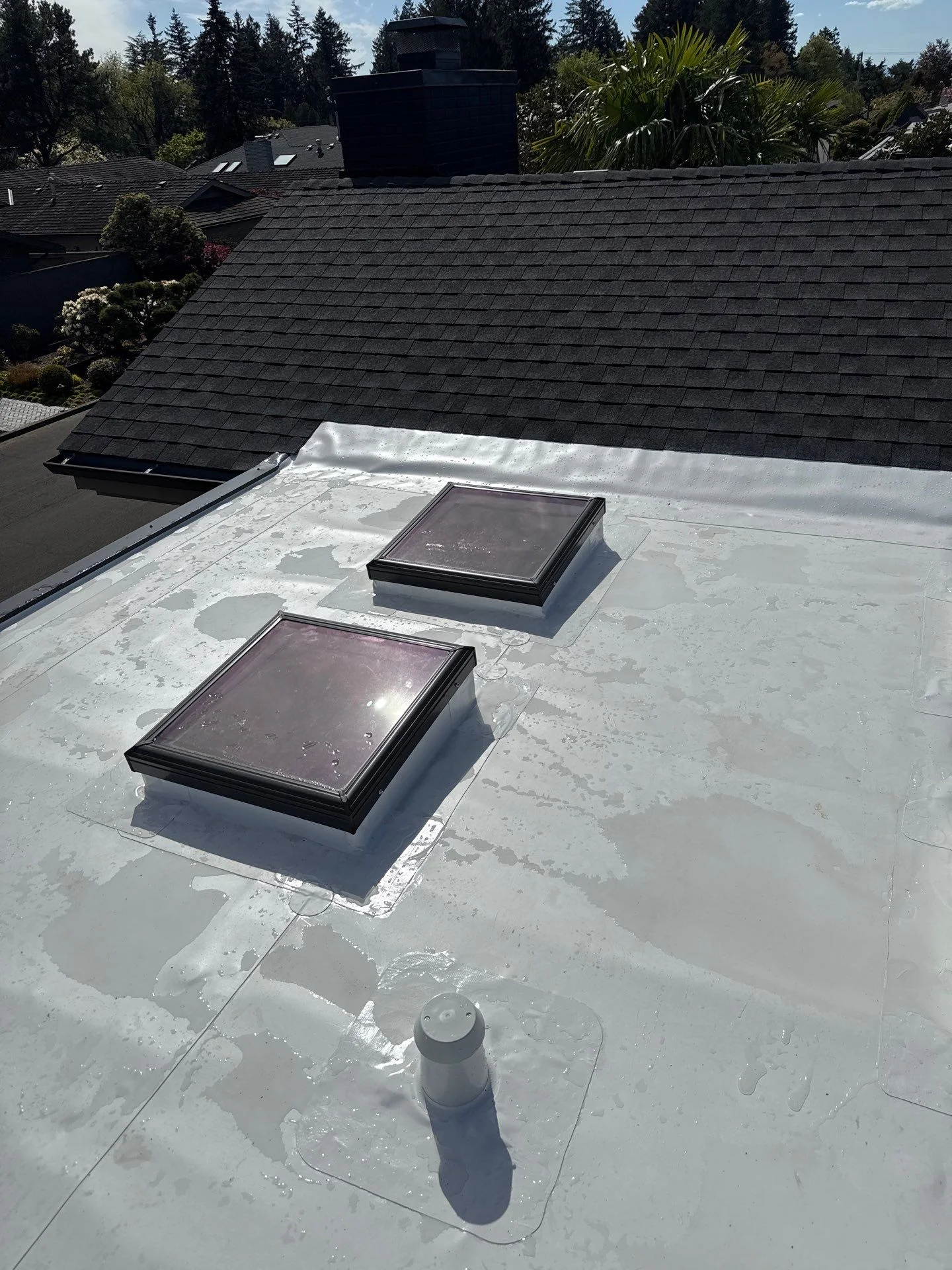 A bright white flat-roof membrane in full sun reflecting the light off its surface, with two skylights and a vent pipe set into it and a shingled sloped roof rising behind.