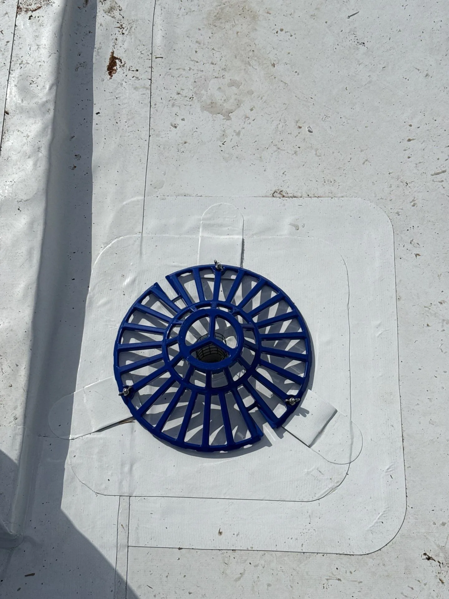 A blue domed strainer basket bolted over a roof drain set into a fresh white membrane, the membrane wrapped and welded into the drain bowl.