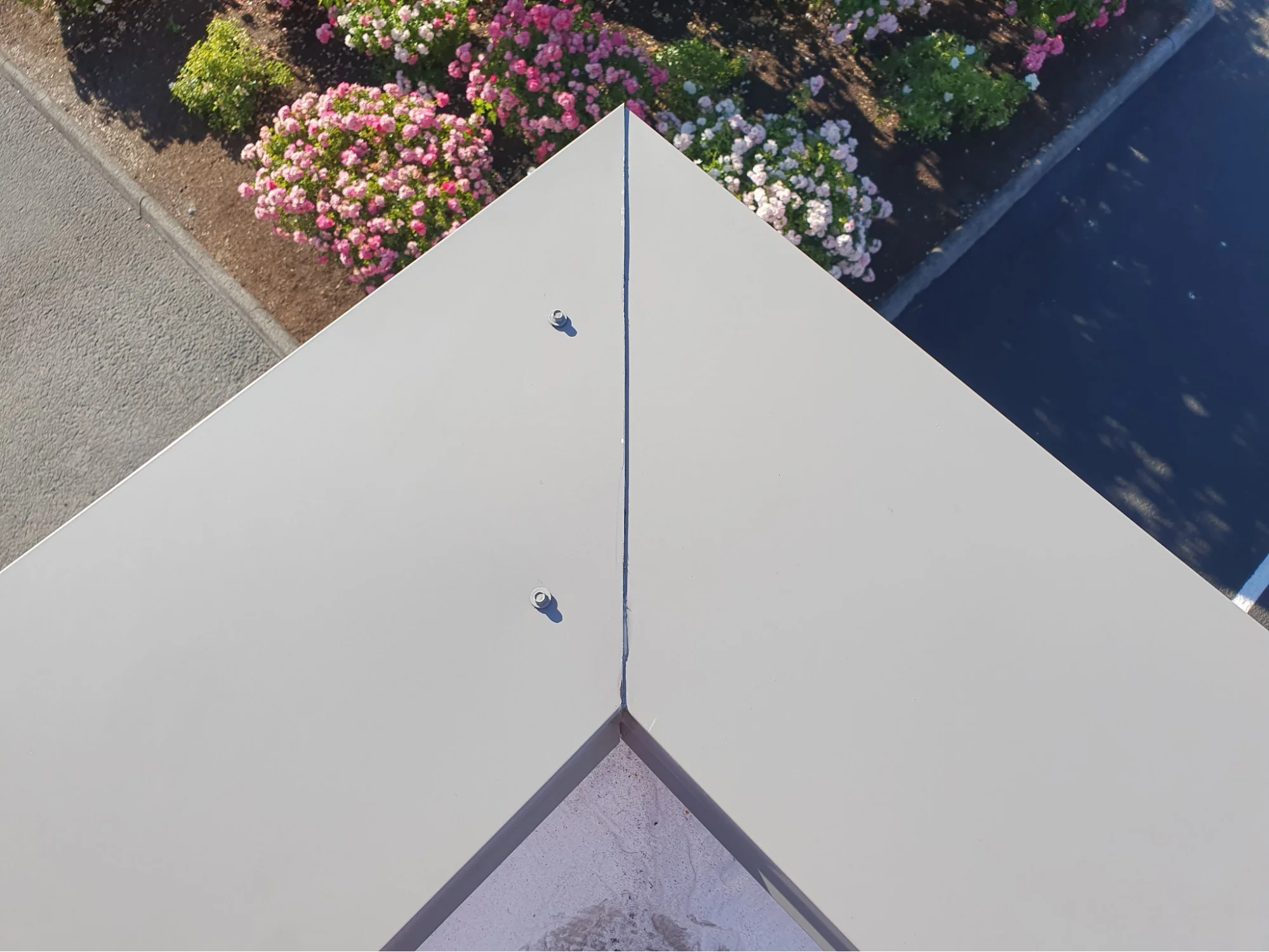 An overhead view of a parapet corner finished in pale silicone, the seam down the cap sealed in a clean line and two small vents coated over, with pink and white roses and a driveway below.
