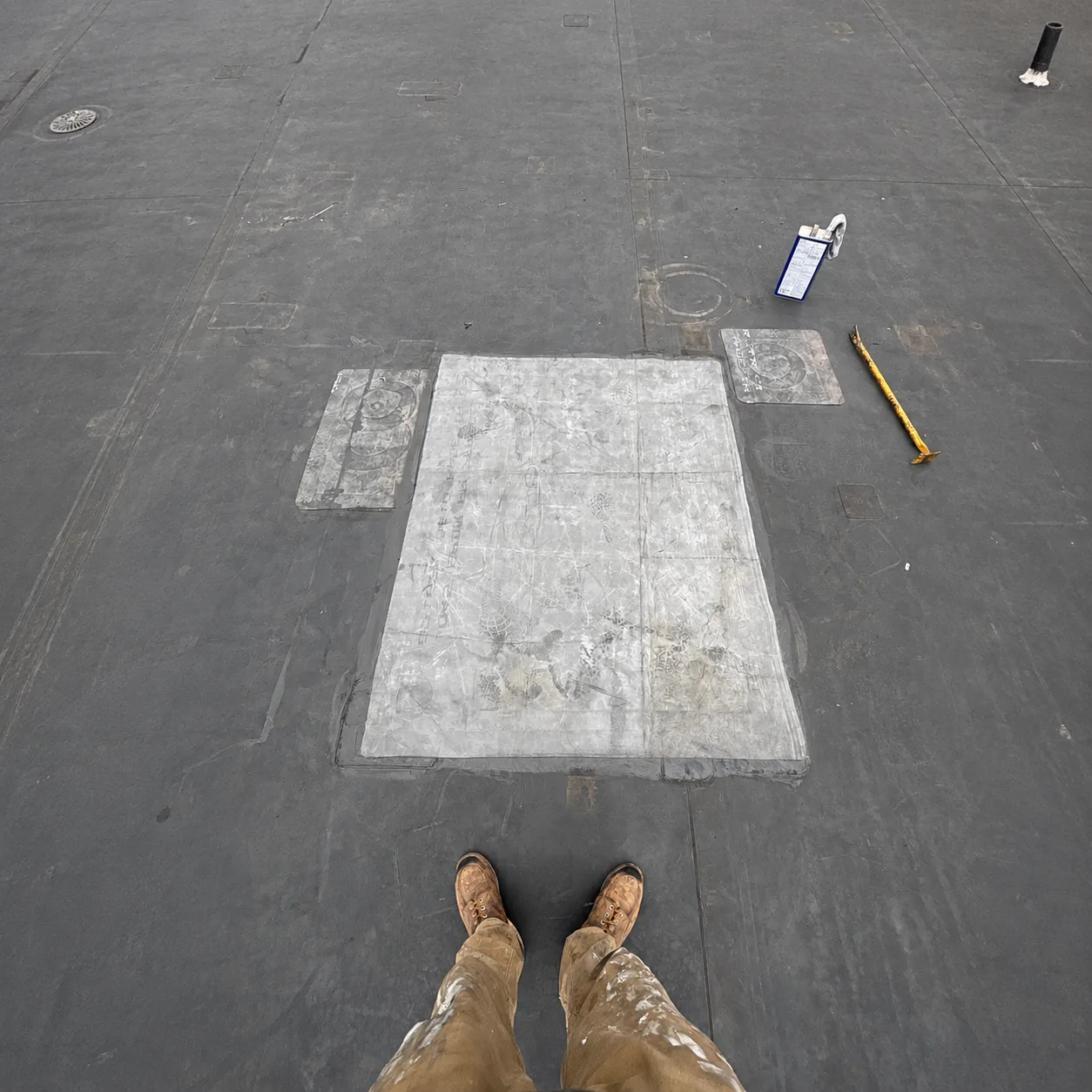 A finished repair sealed flush into a white flat-roof membrane.
