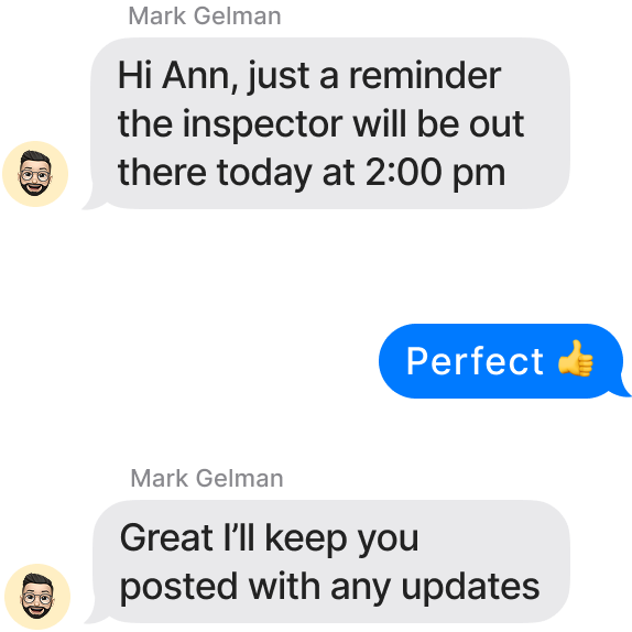 Text exchange between Specialist and customer confirming inspection details